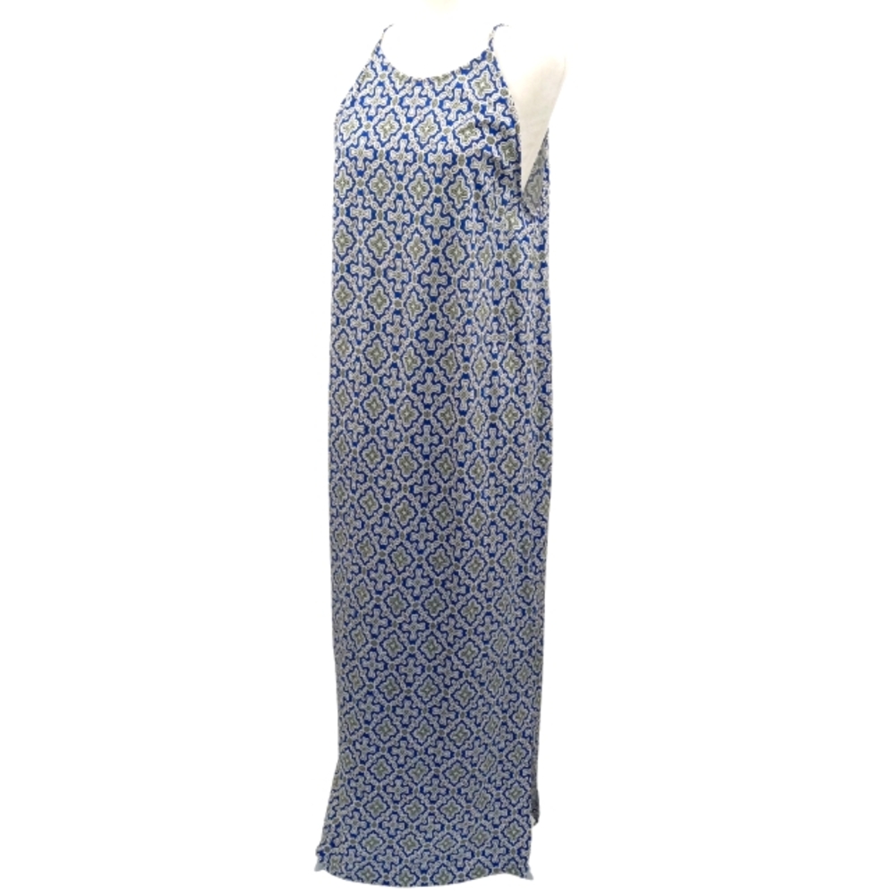 Boden Racer Neck Sundress Size 12L Blue White Heron Flora Tile Print Side Slit - Picture 4 of 12